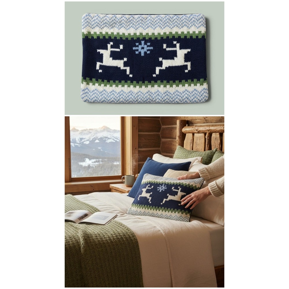 Garnet Hill Reindeer Pillow Cover 12x16 Navy Green Knit Wool Fair Isle NWT